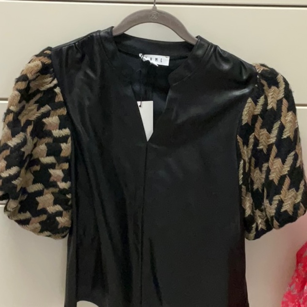 BNWT THML size, small black leather top with tweed sleeves